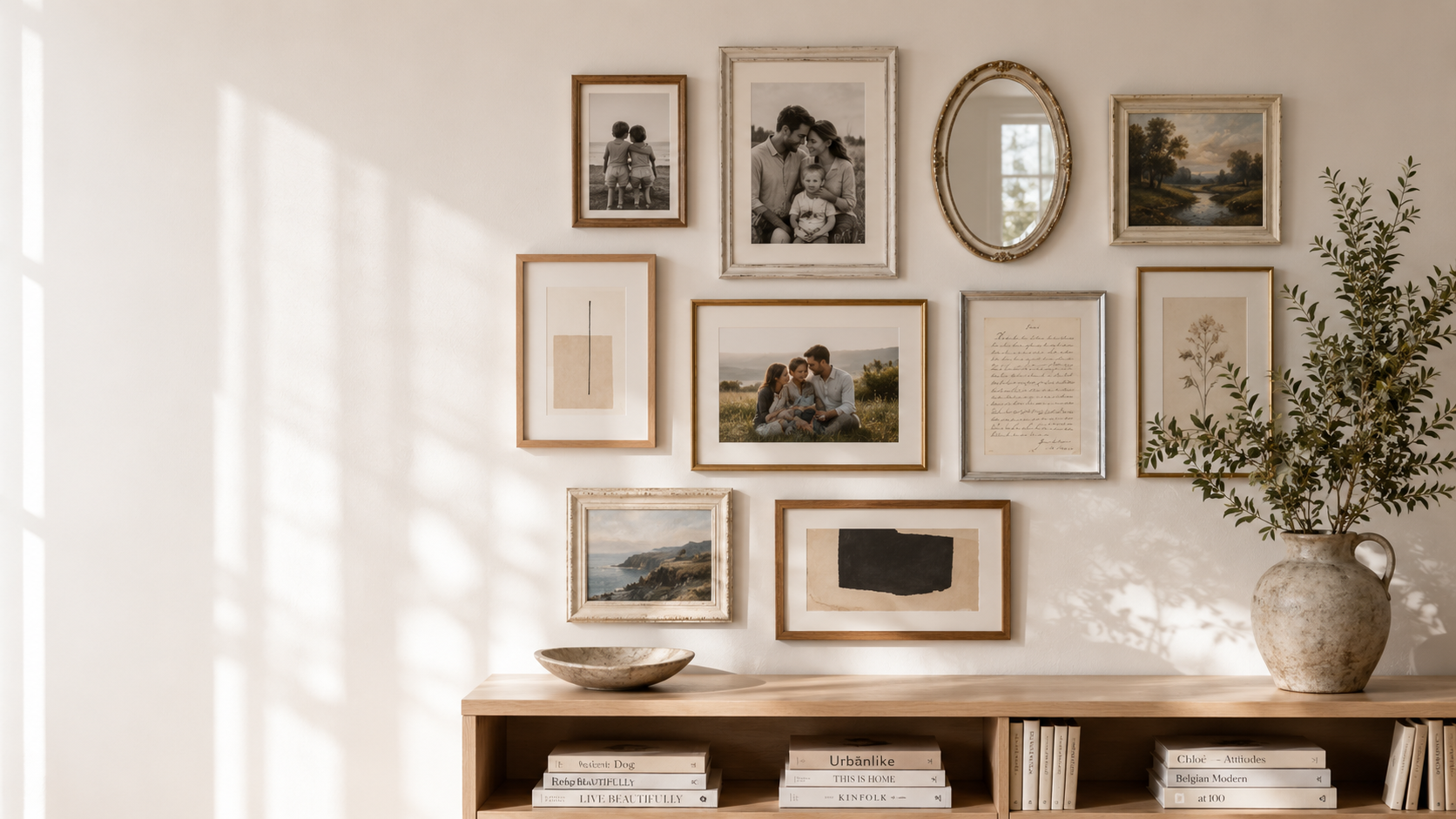 Galería de marcos y recuerdos en una pared luminosa